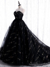 Unique Black Tulle Sequins Strapless Prom Dress